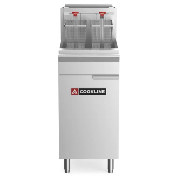 Cookline CF40-LP Commercial Deep Fryer with two nickel-plated wire mesh baskets hanging on a stainless steel hanger