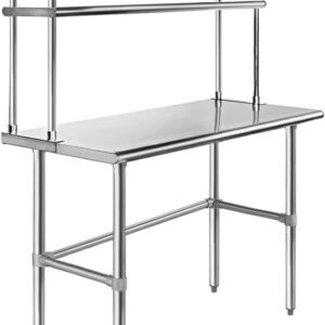 Stainless steel open base work table with double tier overshelf