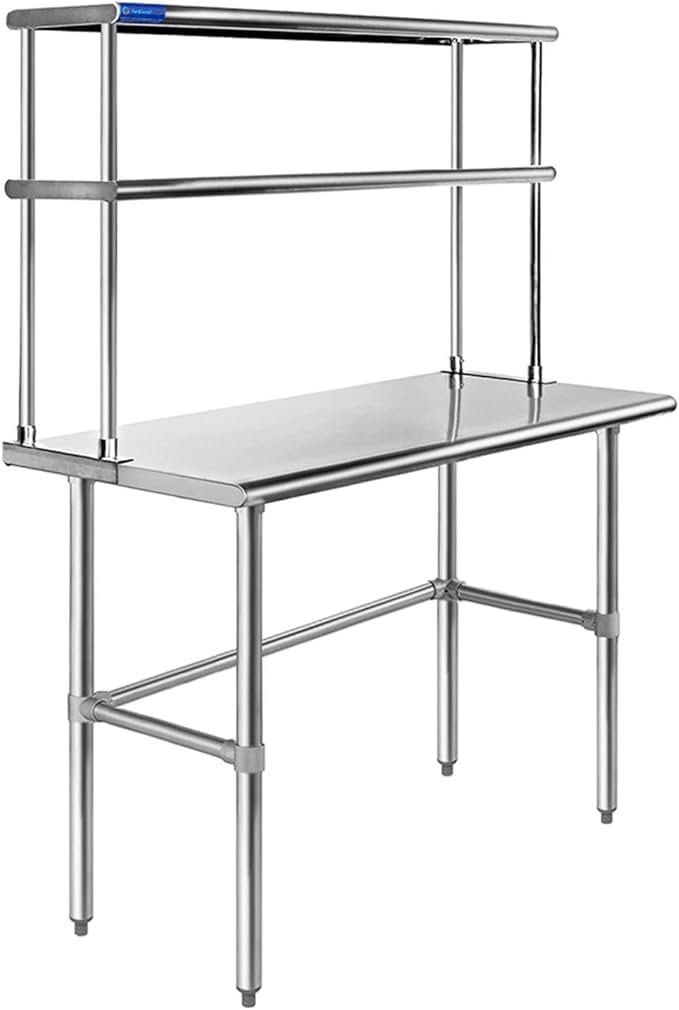 Stainless steel open base work table with double tier overshelf