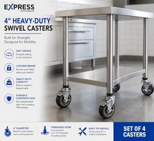 4" Caster Wheels for Work Tables & Equipment Stands | Set of 4 Heavy-Duty Swivel Casters with Brakes