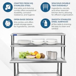 Stainless Steel Open Base Table with Double Tier Overshelf - NSF Prep Table and Shelving Combo
