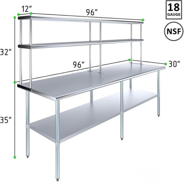 Stainless Steel Work Table with Double Tier Overshelf