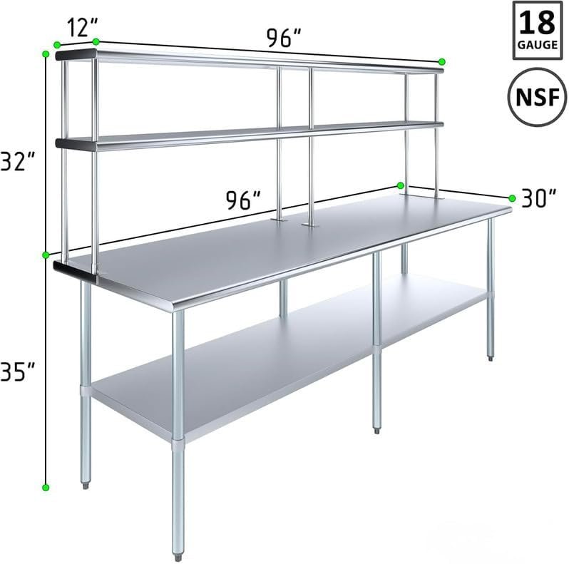 Stainless Steel Work Table with Double Tier Overshelf