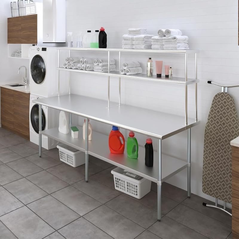 Stainless Steel Work Table with Double Tier Overshelf