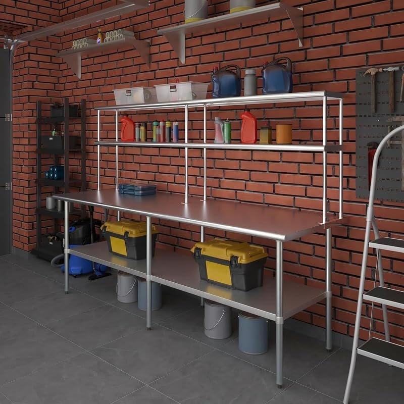 Stainless Steel Work Table with Double Tier Overshelf