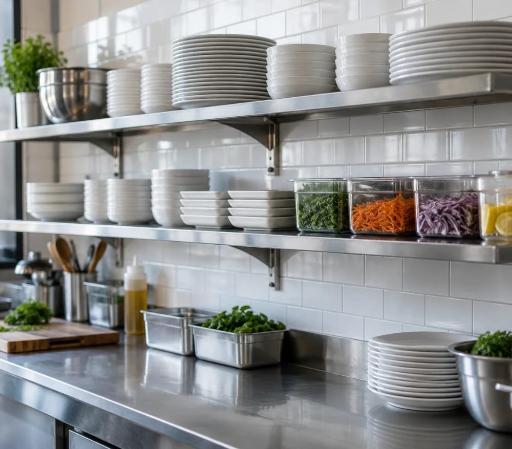 Stainless steel wall shelves holding plates and prep containers in a commercial kitchen