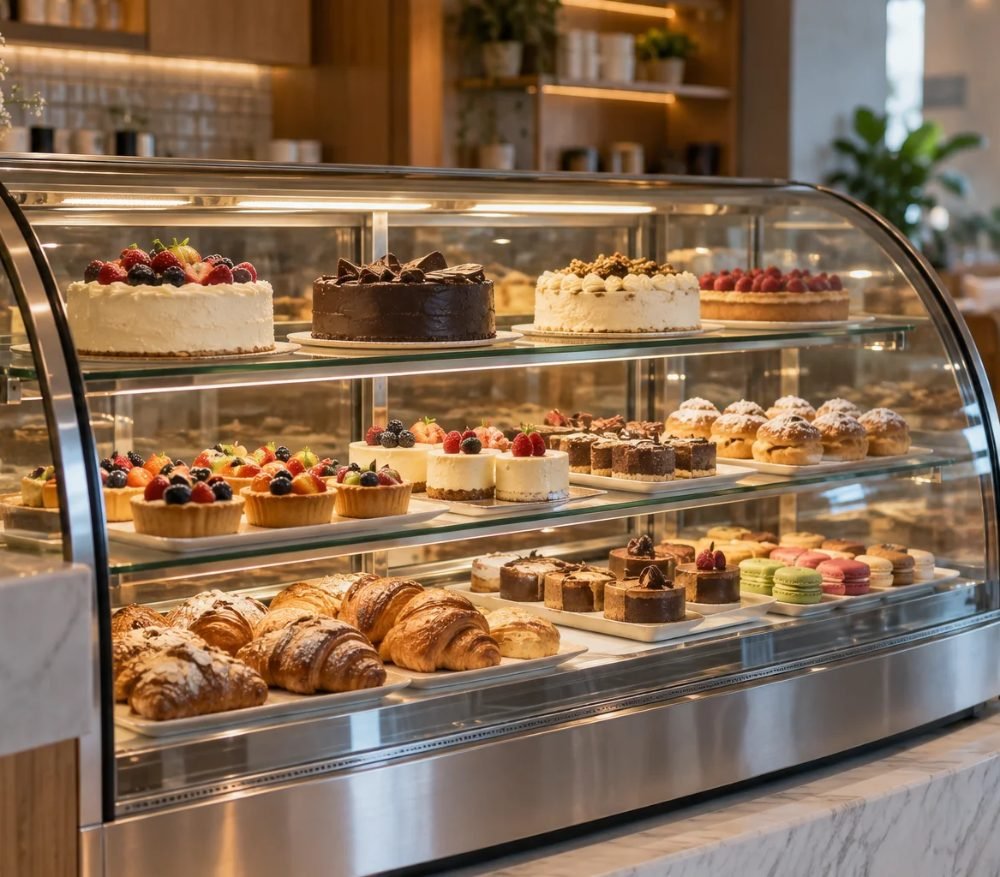 Curved glass refrigerated bakery display case filled with cakes and pastries