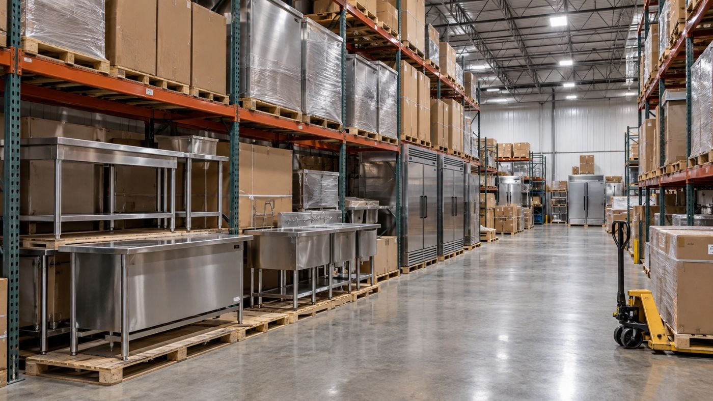 Commercial kitchen equipment warehouse with stainless steel work tables, sinks and refrigerators ready to ship