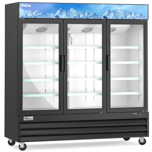 Coldline D80-B 79 inch three glass door merchandiser freezer, black