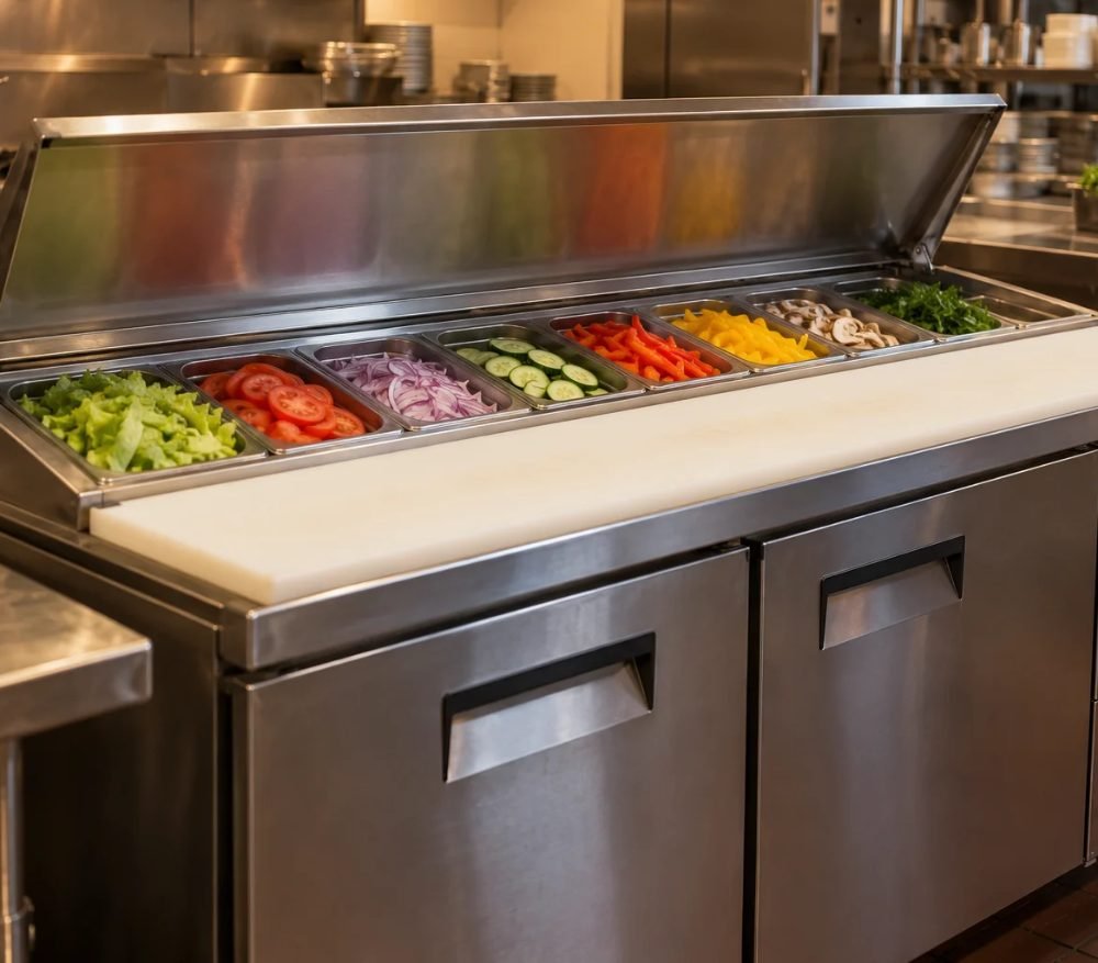 Refrigerated sandwich prep table with food pans of fresh vegetables and a cutting board