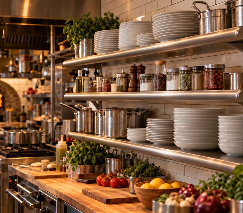 Stainless steel wall shelves in a restaurant kitchen holding plates, pots and spices