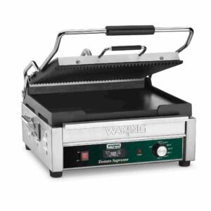 Waring WDG250T Dual Grill - Ribbed Top Plate, Flat Bottom Plate with Timer - 120V (14.5" x 11" cooking surface)