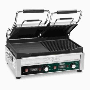 Waring WDG300T Dual Grill - Half Panini and Half Flat Grill with Timer - 240V (17" x 9.25" cooking surface)